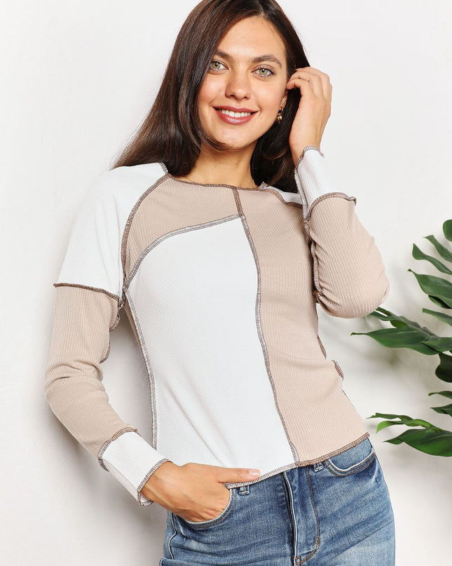 Double Take Color Block Exposed Seam Top Khaki