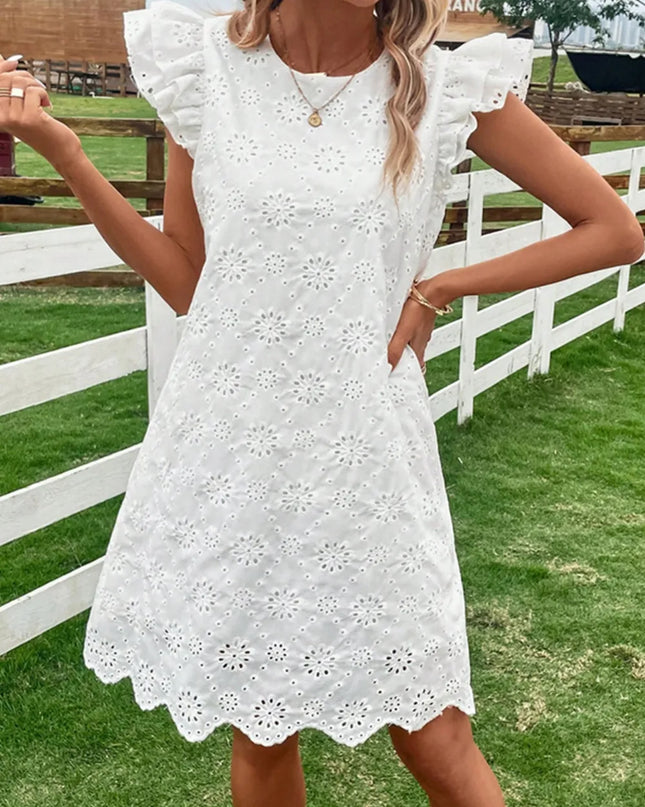 Eyelet Round Neck Ruffled Cap Sleeve Dress