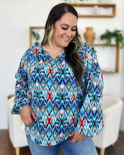 Double Take Full Size Printed Balloon Sleeve Blouse