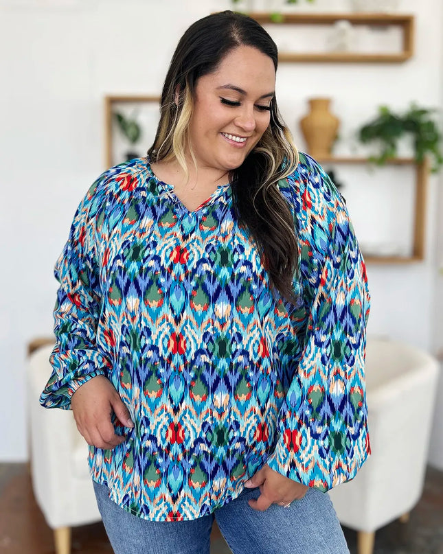 Double Take Full Size Printed Balloon Sleeve Blouse