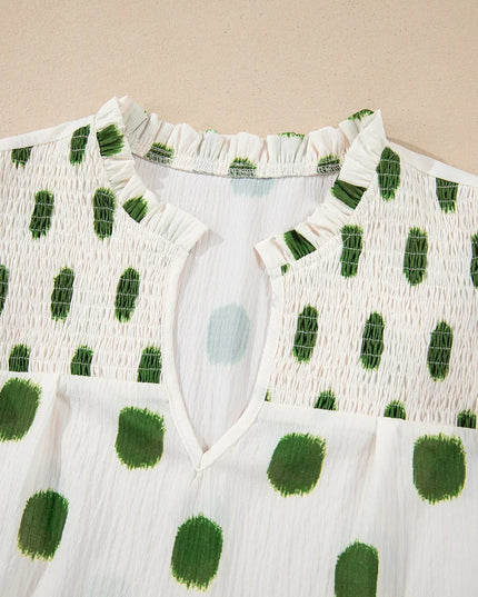 Polka Dot Shirred Yoke Notched Neck Puff Sleeve Blouse