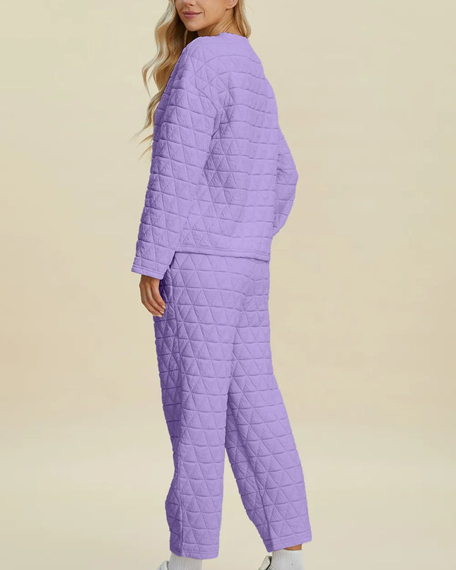 Double Take Full Size Texture Round Neck Long Sleeve Top and Pants Set