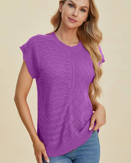 Double Take Full Size Cable-Knit Round Neck Cap Sleeve Sweater Purple