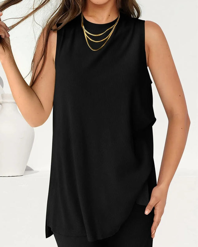 Round Neck Tank and Pants Set Black