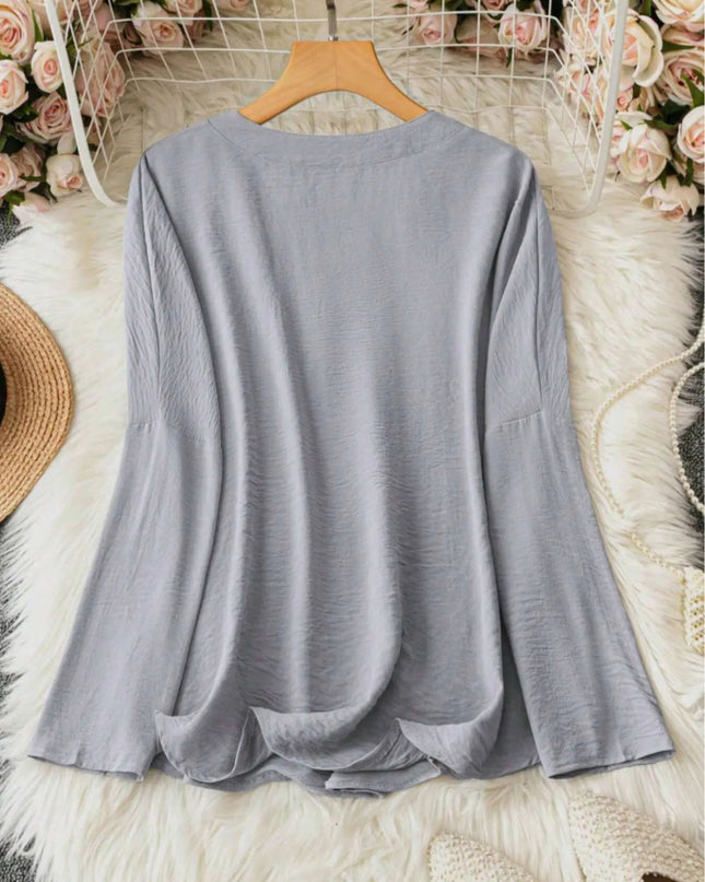 Notched Long Sleeve Casual Blouse