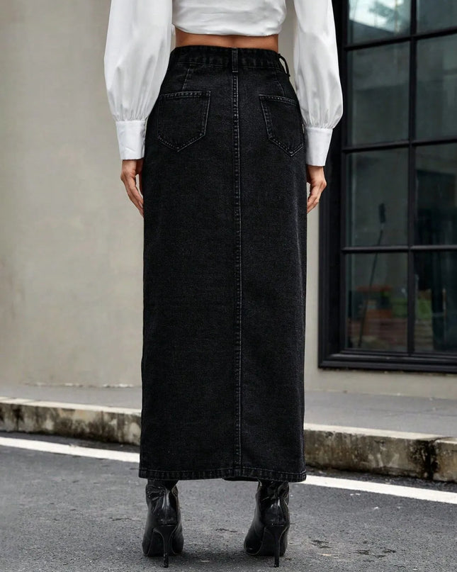 Button Front Denim Skirt 