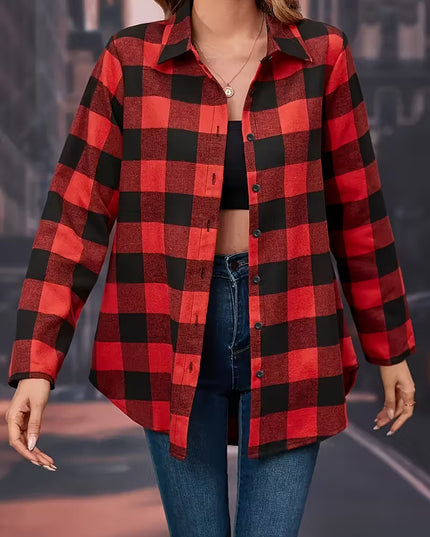 Women's Red & Plaid Button-Up Shirt - Long Sleeve Casual Blouse with Lapel