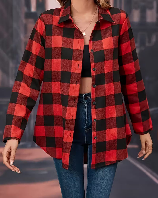 Women's Red & Plaid Button-Up Shirt - Long Sleeve Casual Blouse with Lapel