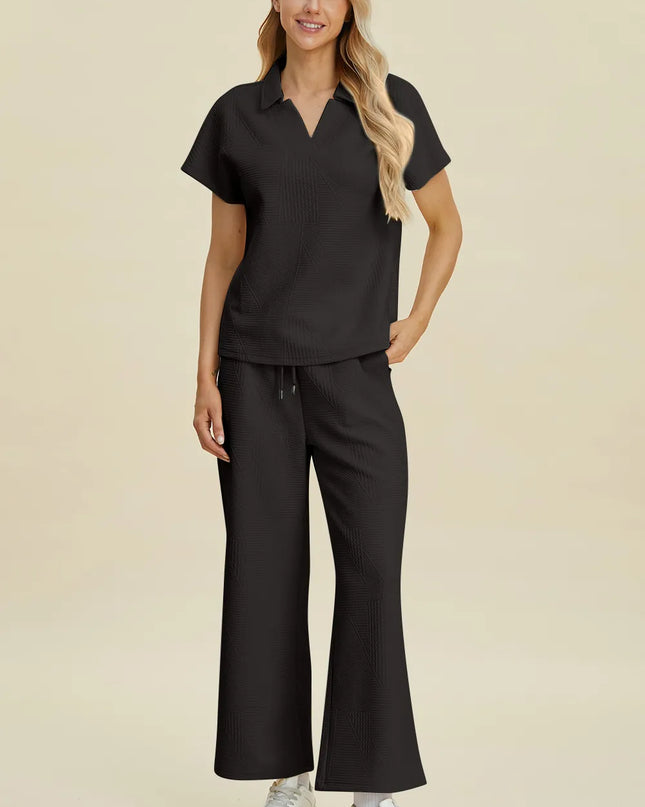 Double Take Full Size Collared Neck Short Sleeve Top and Pants Set