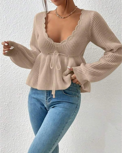 Scalloped V-Neck Drawstring Knit Top
