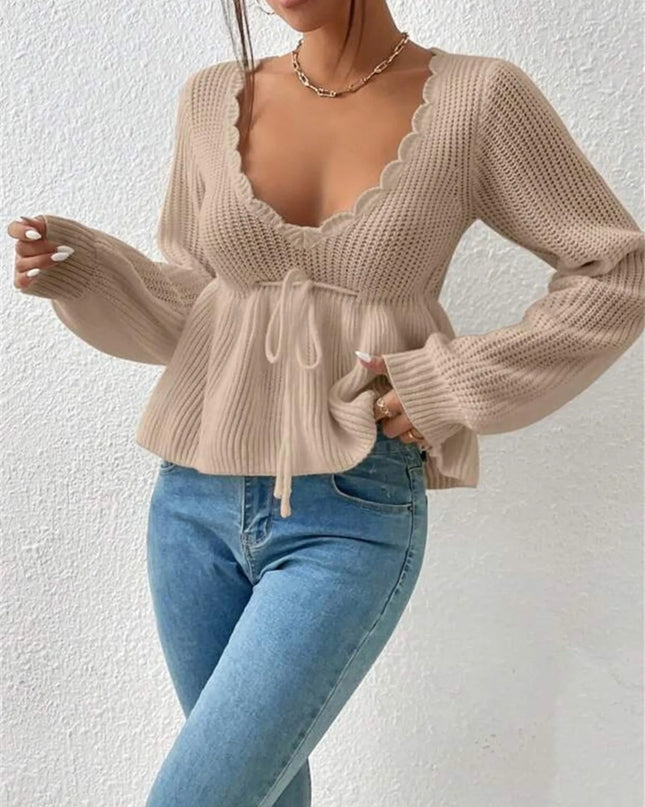 Scalloped V-Neck Drawstring Knit Top