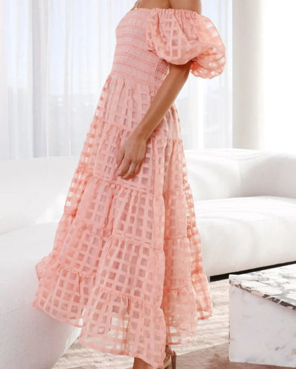 Off Shoulder Short Puff Sleeve Midi Dress