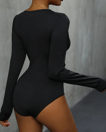 Perfee Lace Detail Plunge Long Sleeve Bodysuit