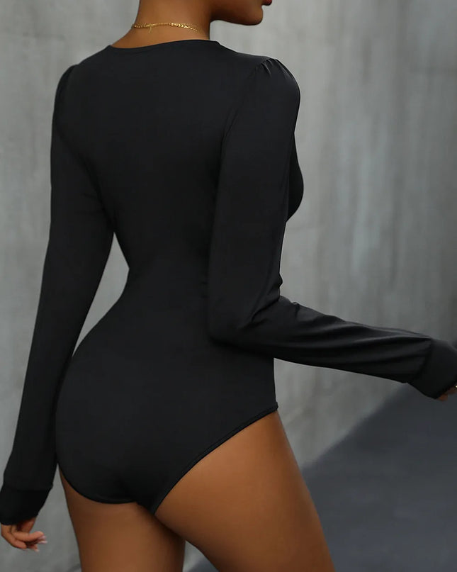Perfee Lace Detail Plunge Long Sleeve Bodysuit
