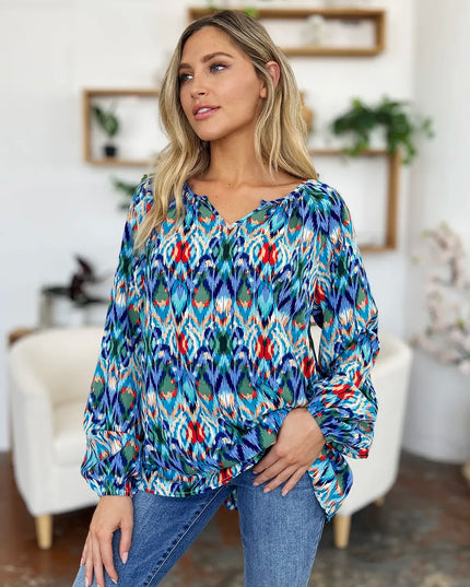 Double Take Full Size Printed Balloon Sleeve Blouse