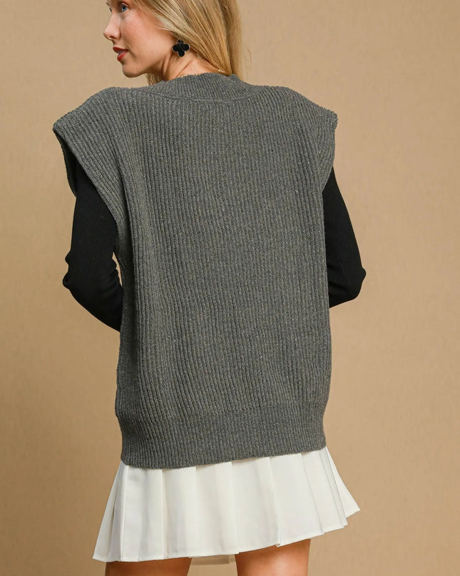 Umgee Oversized V Neck Ribbed Sweater Vest