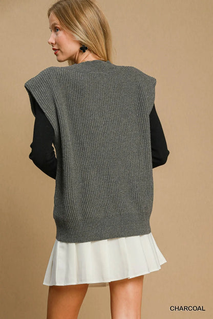 Umgee Oversized V Neck Ribbed Sweater Vest