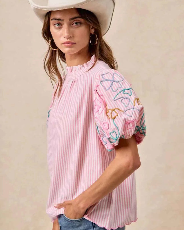 BiBi Embroidery Bubble Sleeve Top With Bottom Scallop Detail