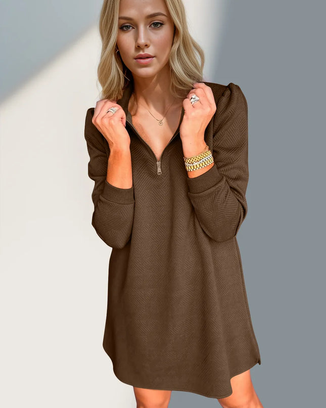 Double Take Textured Quarter Zip Long Sleeve Dress