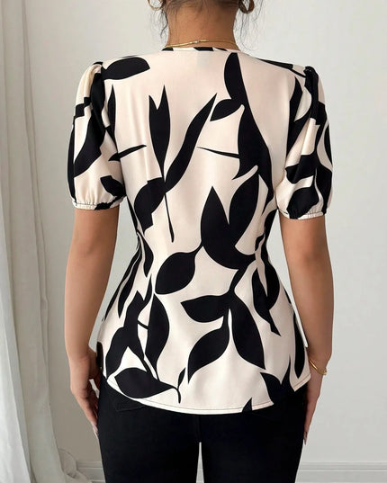 Puff Sleeve Printed Peplum Blouse