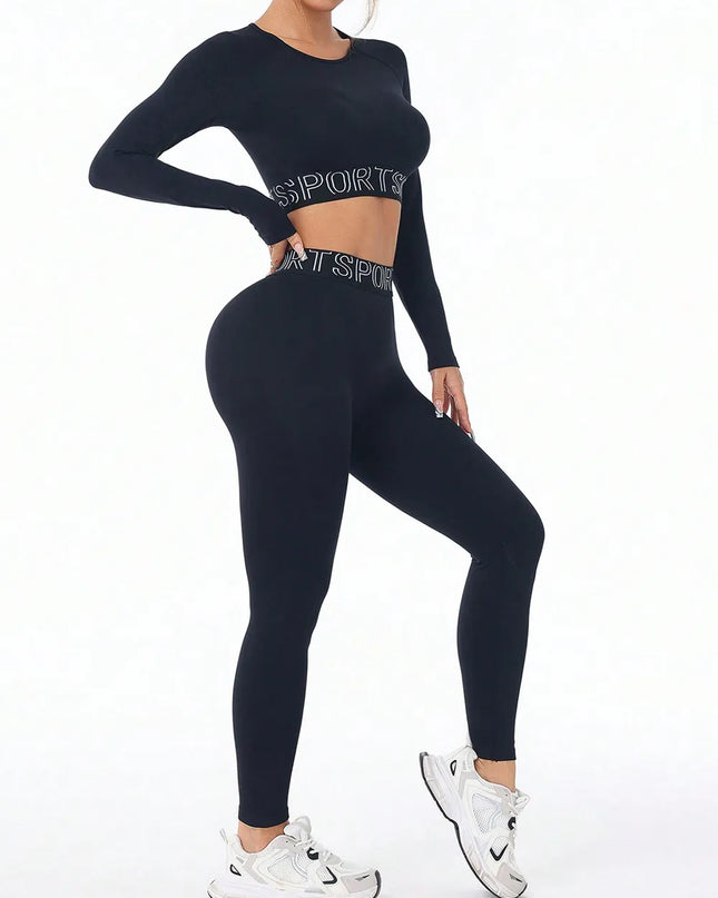 Letter Print Round Neck Long Sleeve Top and Leggings Active Set 
