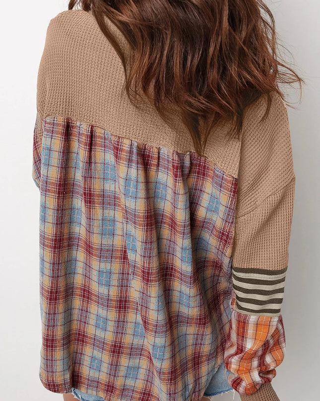 Waffle Stripe Plaid Patchwork Henley Knit Top