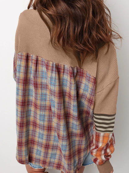 Waffle Stripe Plaid Patchwork Henley Knit Top