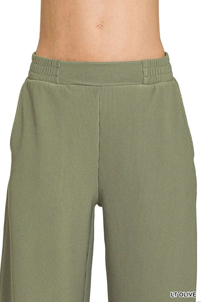 Zenana Ribbed High Neck Half Zip Pullover & Pants Set