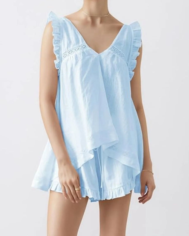 Ruffled V-Neck Top and Shorts Set Light Blue