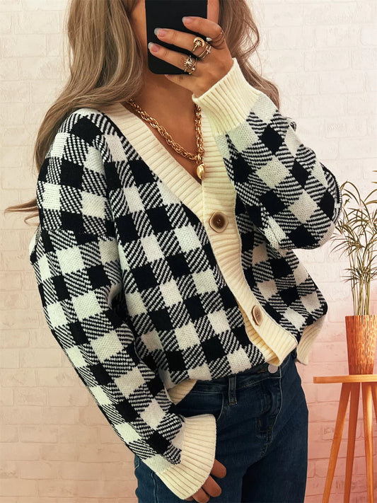 Plaid Button-Down Cardigan