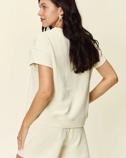 Double Take Full Size Texture Short Sleeve T-Shirt and Drawstring Shorts Set 