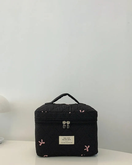 Bow Embroidered Quilted Storage Bag with Zip