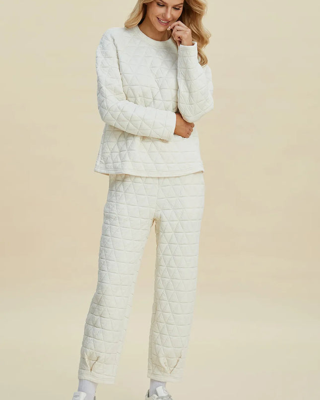 Double Take Full Size Texture Round Neck Long Sleeve Top and Pants Set