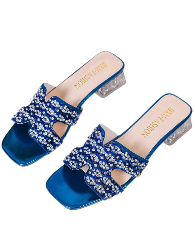Rhinestone Open Toe Block Heels Sandals 