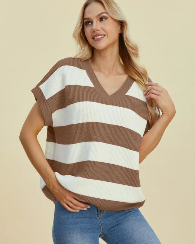 Double Take Full Size Striped V-Neck Short Sleeve Sweater