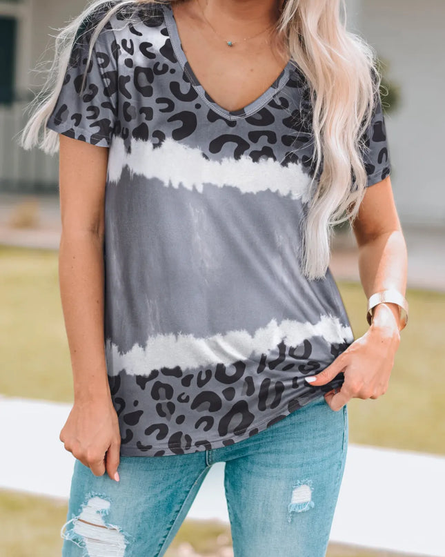 Leopard V-Neck Short Sleeve T-Shirt Cloudy Blue