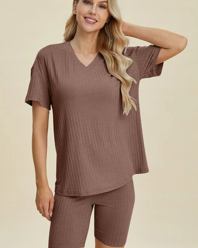 Basic Bae Full Size Ribbed V-Neck Short Sleeve Top and Shorts Set
