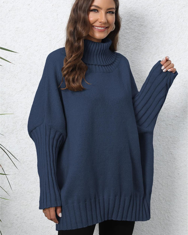 Turtle Neck Long Sleeve Ribbed Sweater Dark Blue One Size