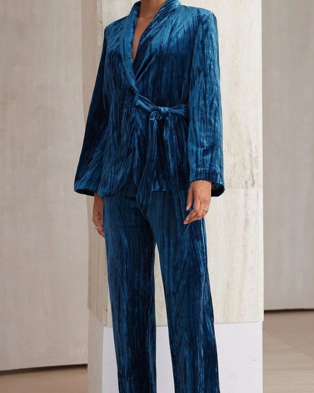Velvet Tie Waist Blazer and Pants Set