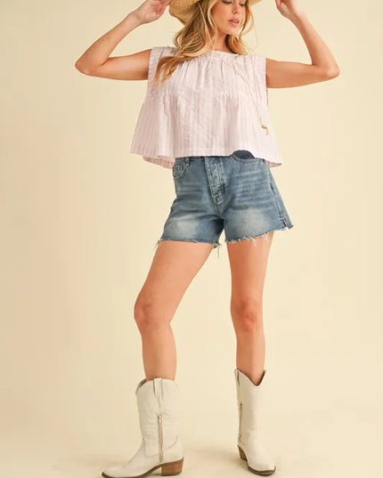 Aemi+Co Ruched Striped Round Neck Sleeveless Top