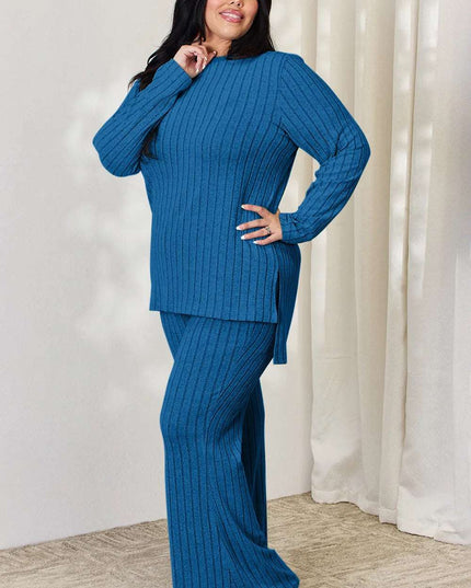 Basic Bae Full Size Ribbed High-Low Top and Wide Leg Pants Set
