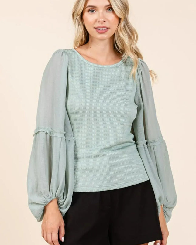 Mittoshop Mixed Media Textured Knit Chiffon Long Sleeve Top 