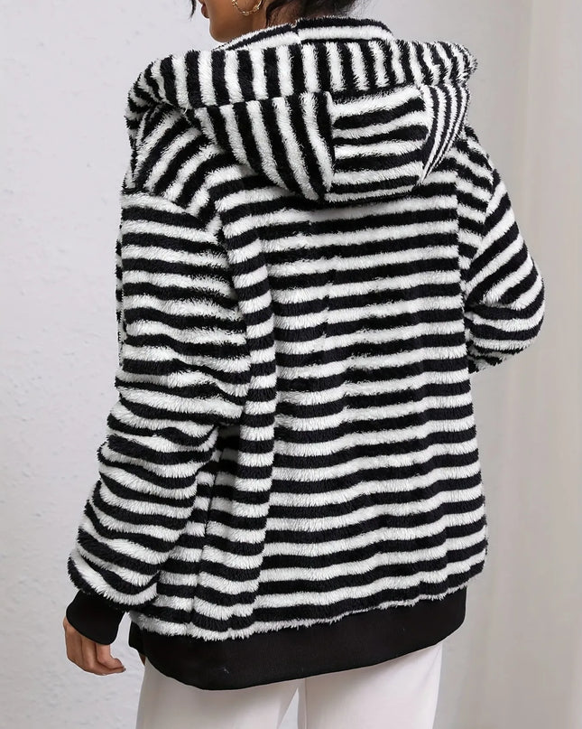 Striped Fuzzy Zip Up Hooded Outerwear