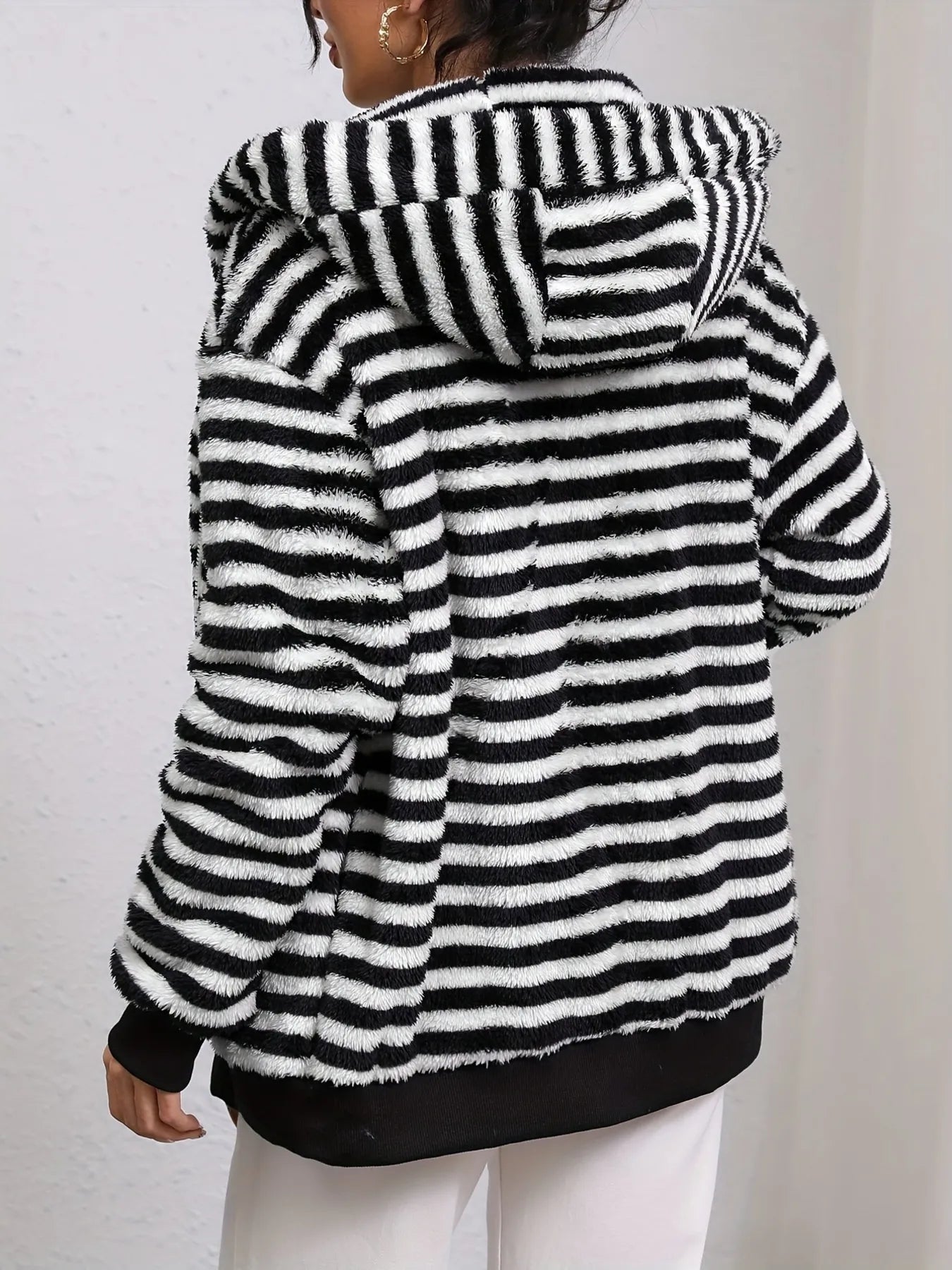 Striped Fuzzy Zip Up Hooded Outerwear