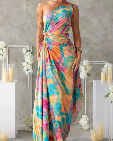 Printed One Shoulder Asymmetrical Maxi Dress