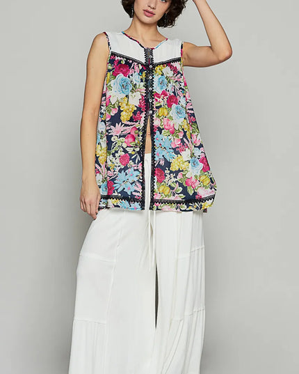 POL Lace Detail Floral Print Sleeveless Blouse
