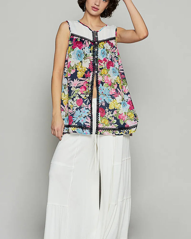 POL Lace Detail Floral Print Sleeveless Blouse