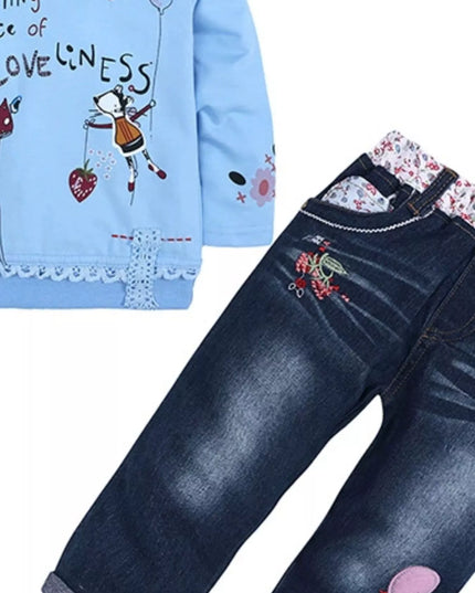 Children's Round Neck Top and Jeans Set Sky Blue