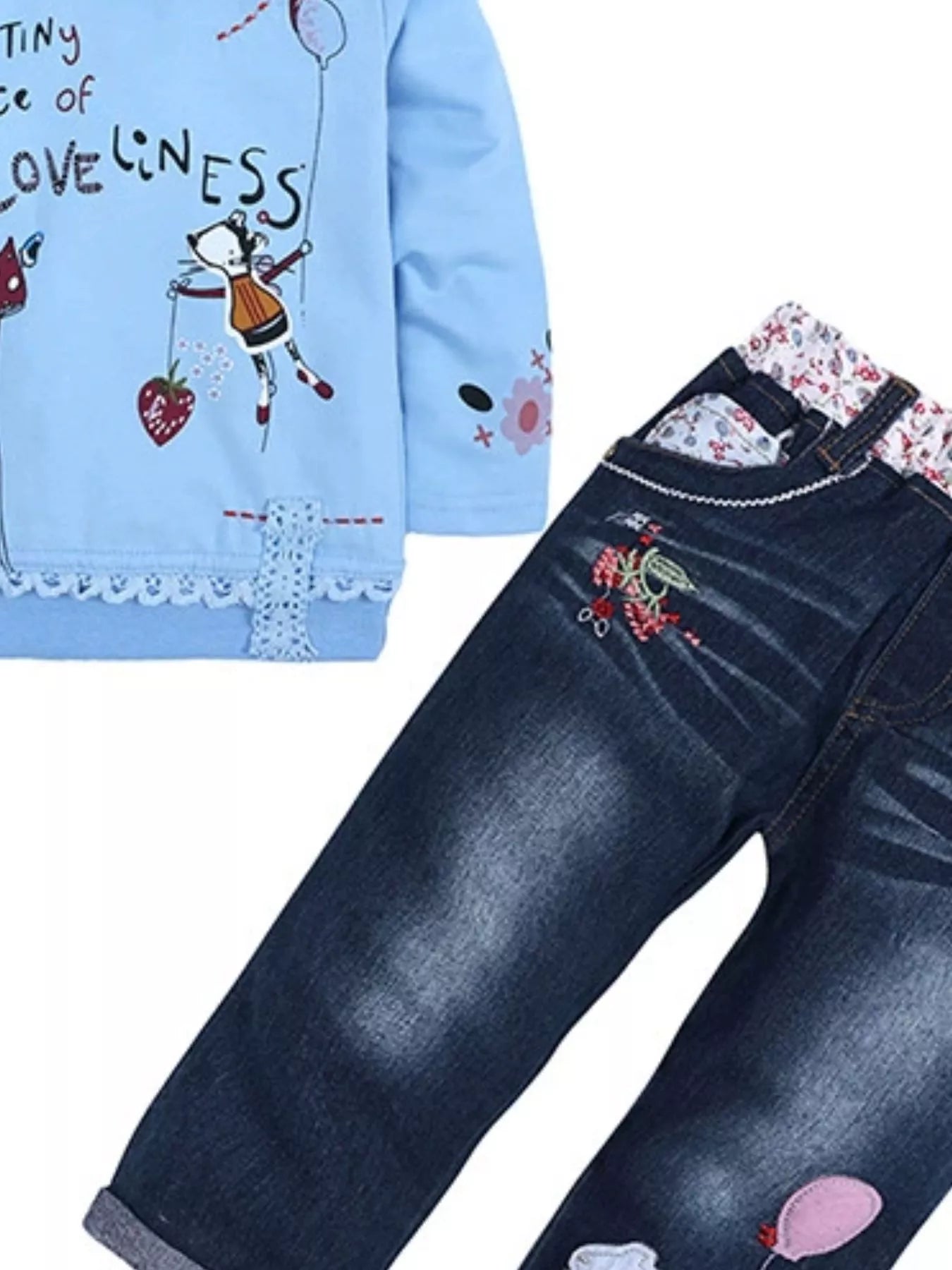Children's Round Neck Top and Jeans Set Sky Blue