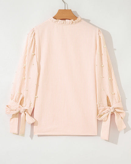 Stripe Bow Knot Cuff Pearl Embellished Puff Sleeve V Neck Blouse